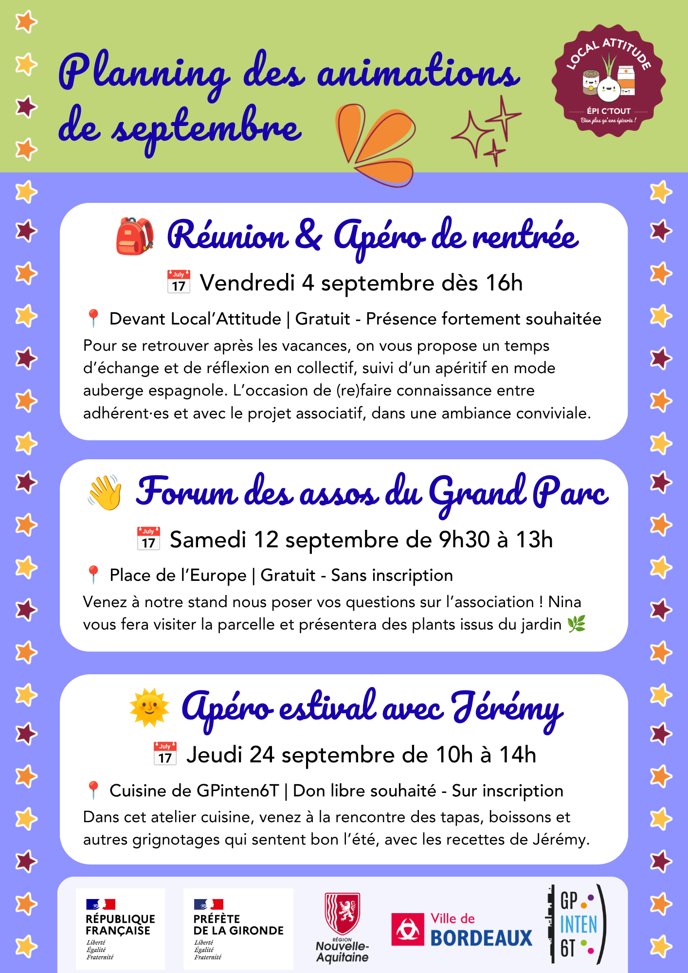 Planning des animations de Septembre 2026 à Local'Attitude